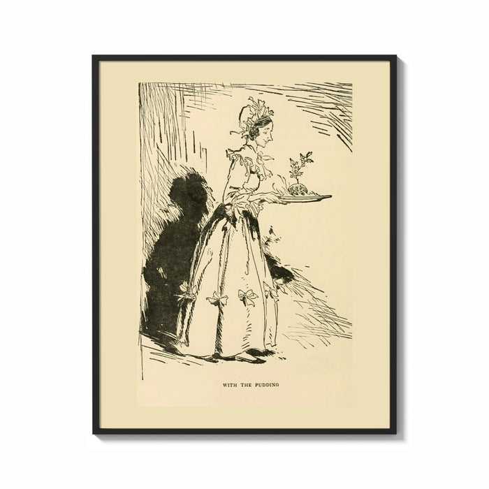 Framed Woman in gown carrying pudding tray print shown as a bold statement piece on a clean gallery wall