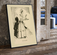 Woman in gown carrying pudding tray print in a black frame leaning beside a vintage door on parquet