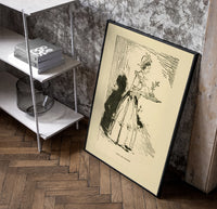 Woman in gown carrying pudding tray poster in a black frame leaning beside a shelf in a raw-plaster loft