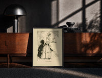 Black-framed Woman in gown carrying pudding tray print on a moody console with designer coffee-table books