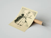 Rolled Woman in gown carrying pudding tray poster beside its crush-resistant kraft shipping tube