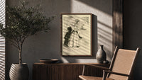 Woman in gown carrying pudding tray poster framed above a fluted sideboard beside an olive tree