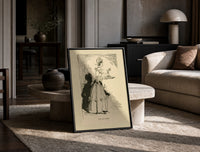 Woman in gown carrying pudding tray print in a black frame leaning on a travertine table in a sunlit lounge