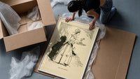 Woman in gown carrying pudding tray framed print being unpacked from protective bubble wrap and a box