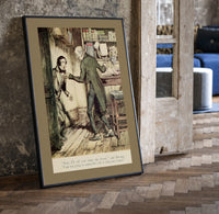 Two Victorian men confronting each other print in a black frame leaning beside a vintage door on parquet