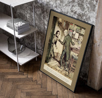 Two Victorian men confronting each other poster in a black frame leaning beside a shelf in a raw-plaster loft