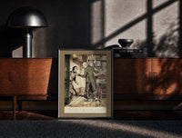 Black-framed Two Victorian men confronting each other print on a moody console with designer coffee-table books