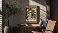 Two Victorian men confronting each other poster framed above a fluted sideboard beside an olive tree