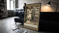 Two Victorian men confronting each other print in a slim black frame leaning on a dark sofa in a concrete print studio