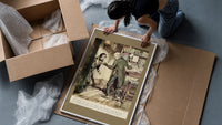 Two Victorian men confronting each other framed print being unpacked from protective bubble wrap and a box
