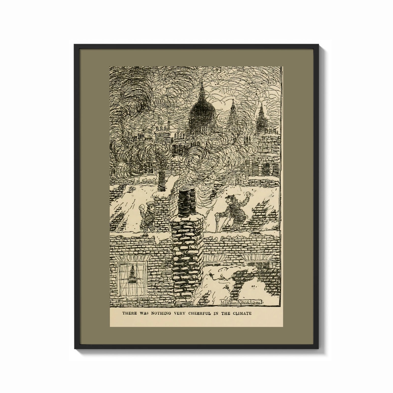 Framed Chimney sweeps on snowy rooftops print shown as a bold statement piece on a clean gallery wall