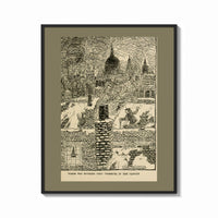 Framed Chimney sweeps on snowy rooftops print shown as a bold statement piece on a clean gallery wall