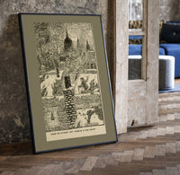 Chimney sweeps on snowy rooftops print in a black frame leaning beside a vintage door on parquet