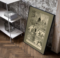 Chimney sweeps on snowy rooftops poster in a black frame leaning beside a shelf in a raw-plaster loft