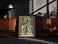 Black-framed Chimney sweeps on snowy rooftops print on a moody console with designer coffee-table books