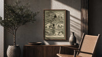 Chimney sweeps on snowy rooftops poster framed above a fluted sideboard beside an olive tree