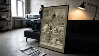 Chimney sweeps on snowy rooftops print in a slim black frame leaning on a dark sofa in a concrete print studio