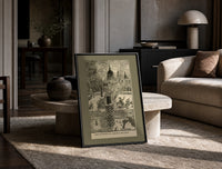 Chimney sweeps on snowy rooftops print in a black frame leaning on a travertine table in a sunlit lounge