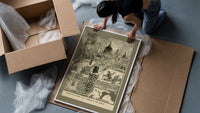 Chimney sweeps on snowy rooftops framed print being unpacked from protective bubble wrap and a box