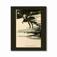 Framed Ghostly figure flying over landscape print shown as a bold statement piece on a clean gallery wall