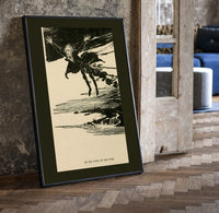 Ghostly figure flying over landscape print in a black frame leaning beside a vintage door on parquet