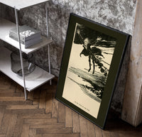 Ghostly figure flying over landscape poster in a black frame leaning beside a shelf in a raw-plaster loft