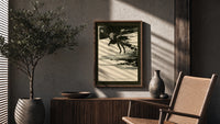 Ghostly figure flying over landscape poster framed above a fluted sideboard beside an olive tree