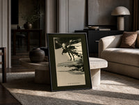 Ghostly figure flying over landscape print in a black frame leaning on a travertine table in a sunlit lounge