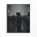 Astronaut Dystopian City Art Print by Haus of Prints, featuring a lone astronaut in a dark, bustling cityscape.