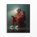 Astronaut in a red suit sitting and reading a book with a dark space background.