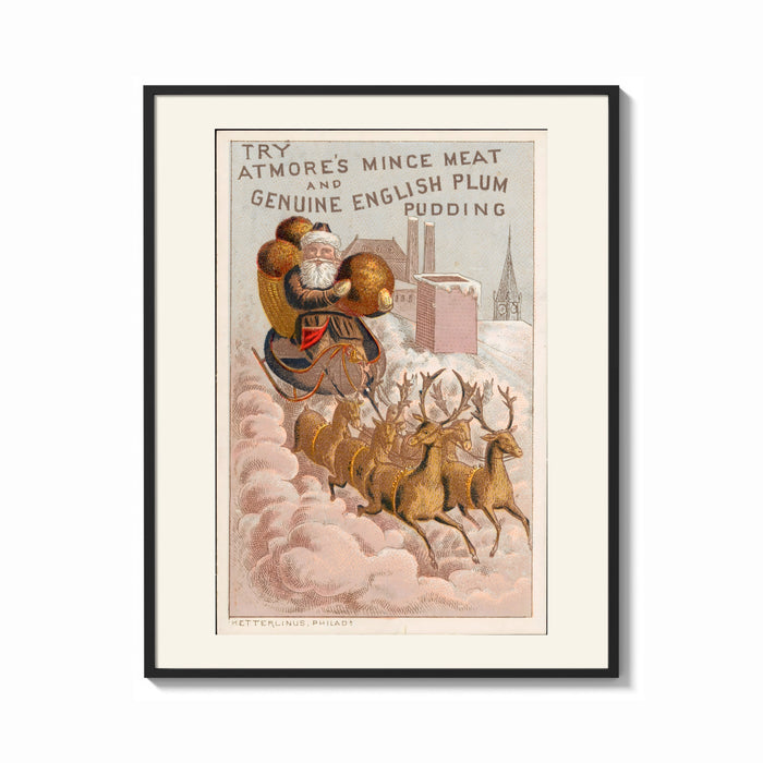 Framed Santa Claus in reindeer-drawn sleigh print shown as a bold statement piece on a clean gallery wall