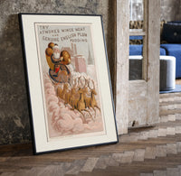 Santa Claus in reindeer-drawn sleigh print in a black frame leaning beside a vintage door on parquet