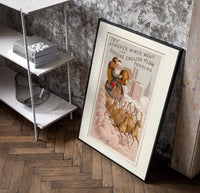 Santa Claus in reindeer-drawn sleigh poster in a black frame leaning beside a shelf in a raw-plaster loft