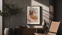 Santa Claus in reindeer-drawn sleigh poster framed above a fluted sideboard beside an olive tree