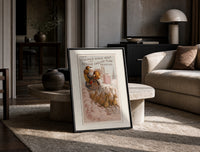 Santa Claus in reindeer-drawn sleigh print in a black frame leaning on a travertine table in a sunlit lounge