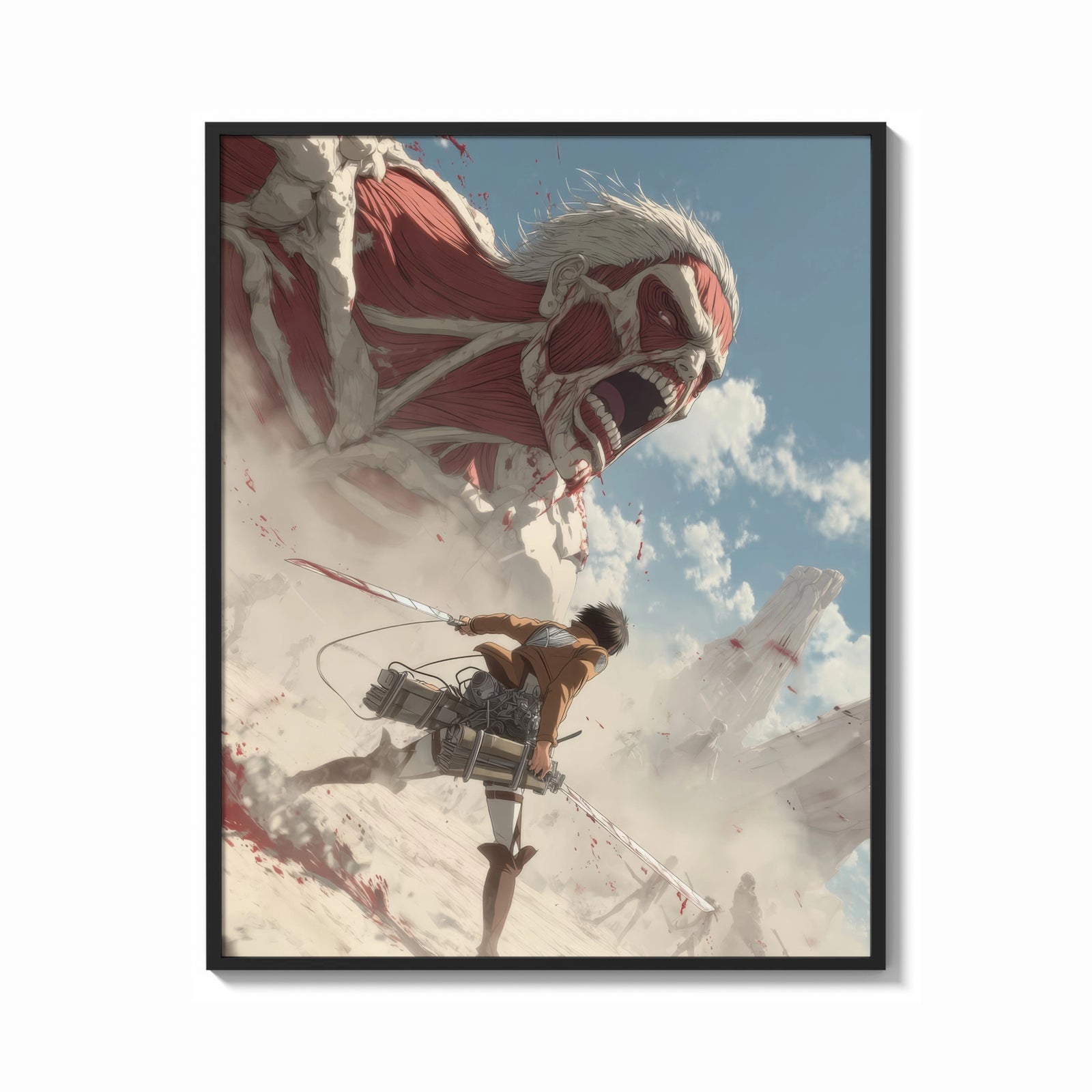 Framed anime soldier battling colossal titan print shown as a bold statement piece on a clean gallery wall