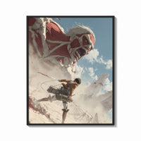 Framed anime soldier battling colossal titan print shown as a bold statement piece on a clean gallery wall