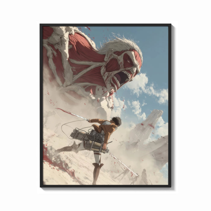 Framed anime soldier battling colossal titan print shown as a bold statement piece on a clean gallery wall