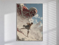 anime soldier battling colossal titan poster in a slim frame on a bright wall with soft window light