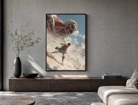 anime soldier battling colossal titan poster framed above a wood console in a concrete-wall living room