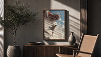 anime soldier battling colossal titan poster framed above a fluted sideboard beside an olive tree