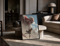 anime soldier battling colossal titan print in a black frame leaning on a travertine table in a sunlit lounge