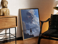 Brass-framed Soldier facing colossal titan print leaning in a warm styled corner by a sculpture
