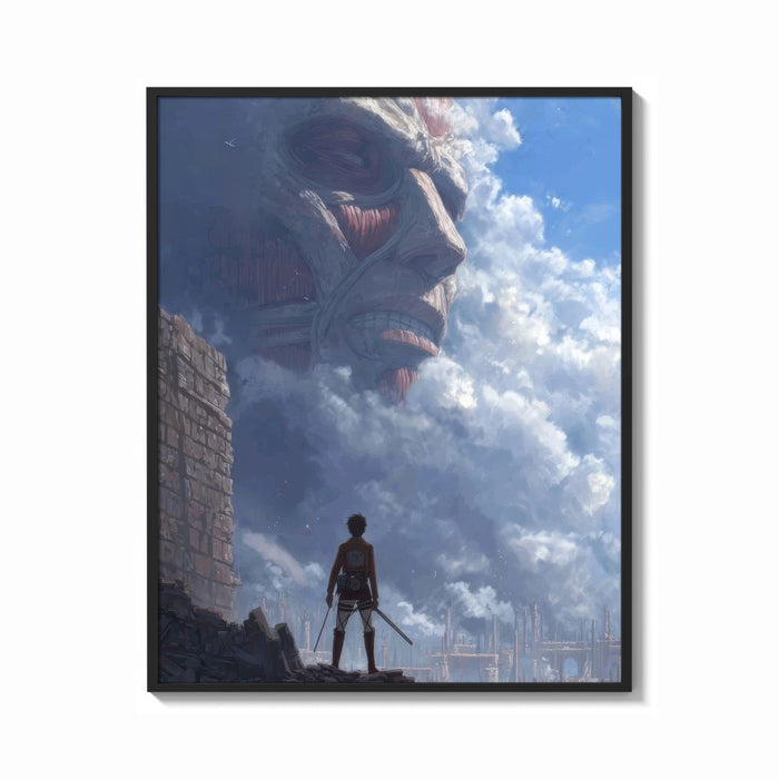 Framed Soldier facing colossal titan print shown as a bold statement piece on a clean gallery wall