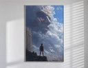 Soldier facing colossal titan poster in a slim frame on a bright wall with soft window light