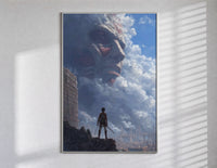 Soldier facing colossal titan poster in a slim frame on a bright wall with soft window light