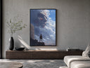 Soldier facing colossal titan poster framed above a wood console in a concrete-wall living room