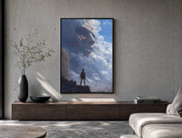 Soldier facing colossal titan poster framed above a wood console in a concrete-wall living room