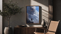 Soldier facing colossal titan poster framed above a fluted sideboard beside an olive tree