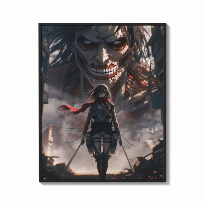 Framed Anime warrior with red scarf and titan print shown as a bold statement piece on a clean gallery wall